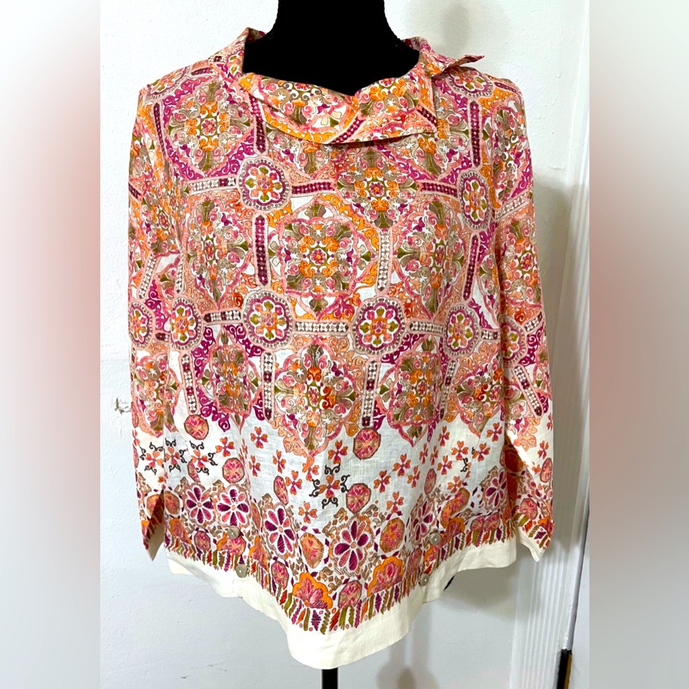 Sharon Young 100% Linen Floral Crew Neckline Casual Lagenlook Natural Fibers